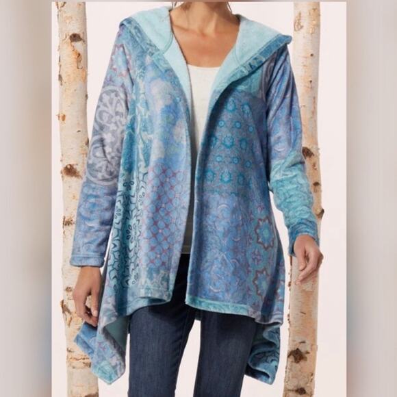 NWOT Soft Surroundings Aqua Floral Carli Cozy Sherpa Hooded Cardigan Wrap PM - Picture 1 of 8